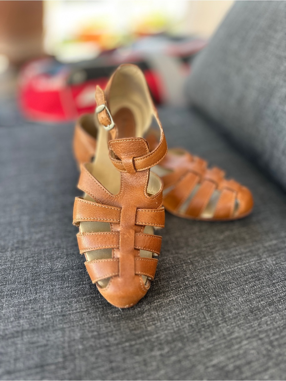 Wolverine-Tan Leather Strappy Closed-Toe Sandals. Super Comfy and Stylish.